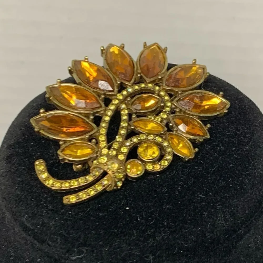 Brooch Orange and Brown Pin with Rhinestones H. D. Merritt Co. Signed Vintage